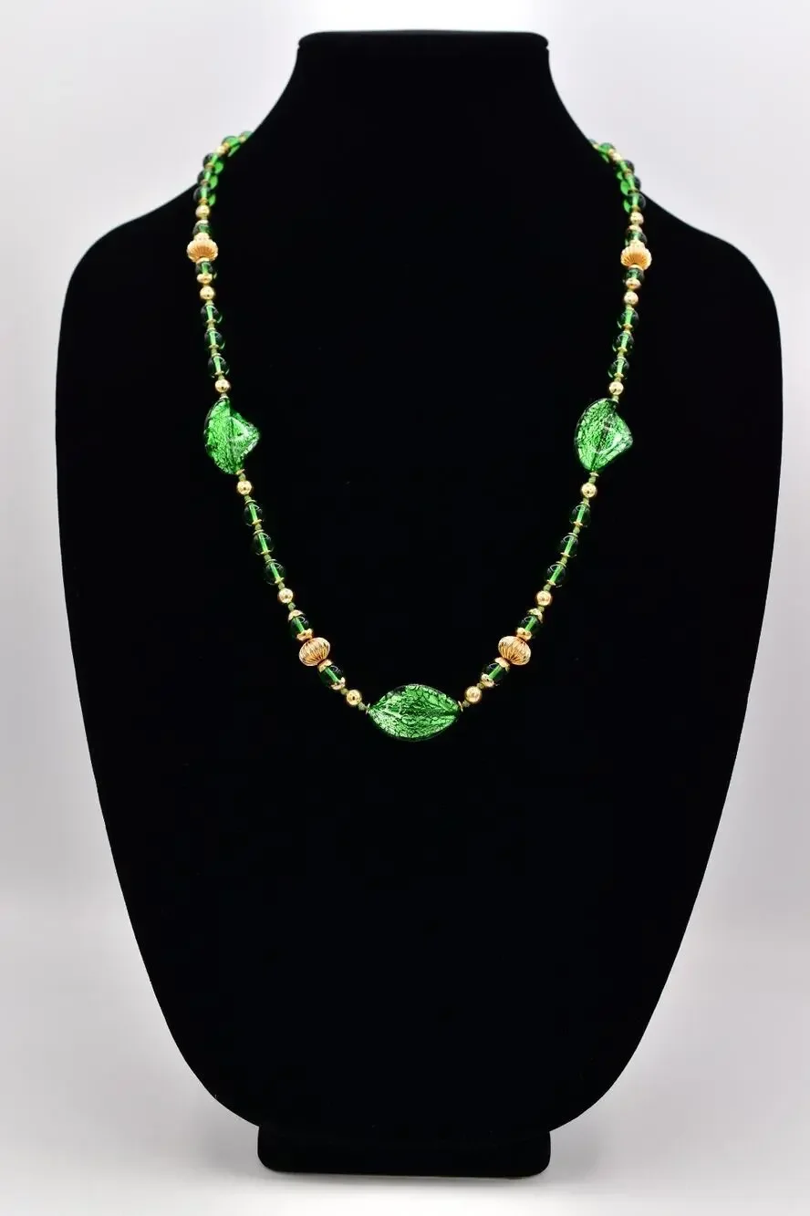 Vintage Artisan Glass Beaded Necklace Green Leaf Gold Fall Autumn 1980s BinBL